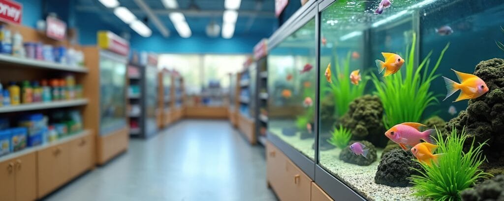 Bright pet shop interior several large fish tanks. Colorful tropical fish swim among green water plants, rocks. Pet food, treats, supplies fill blurred background shelves. Modern retail business TetraGuide Study